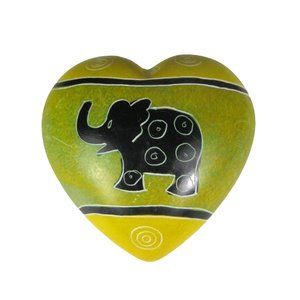 Carved Stone Heart Shaped 2.1 inch Tribal Design Elephant Carving Yellow